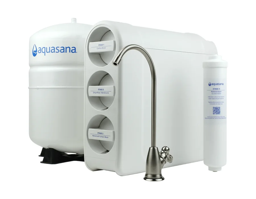 Aquasana SmartFlow reverse-osmosis manifold, storage tank, filters, and brushed-nickel faucet