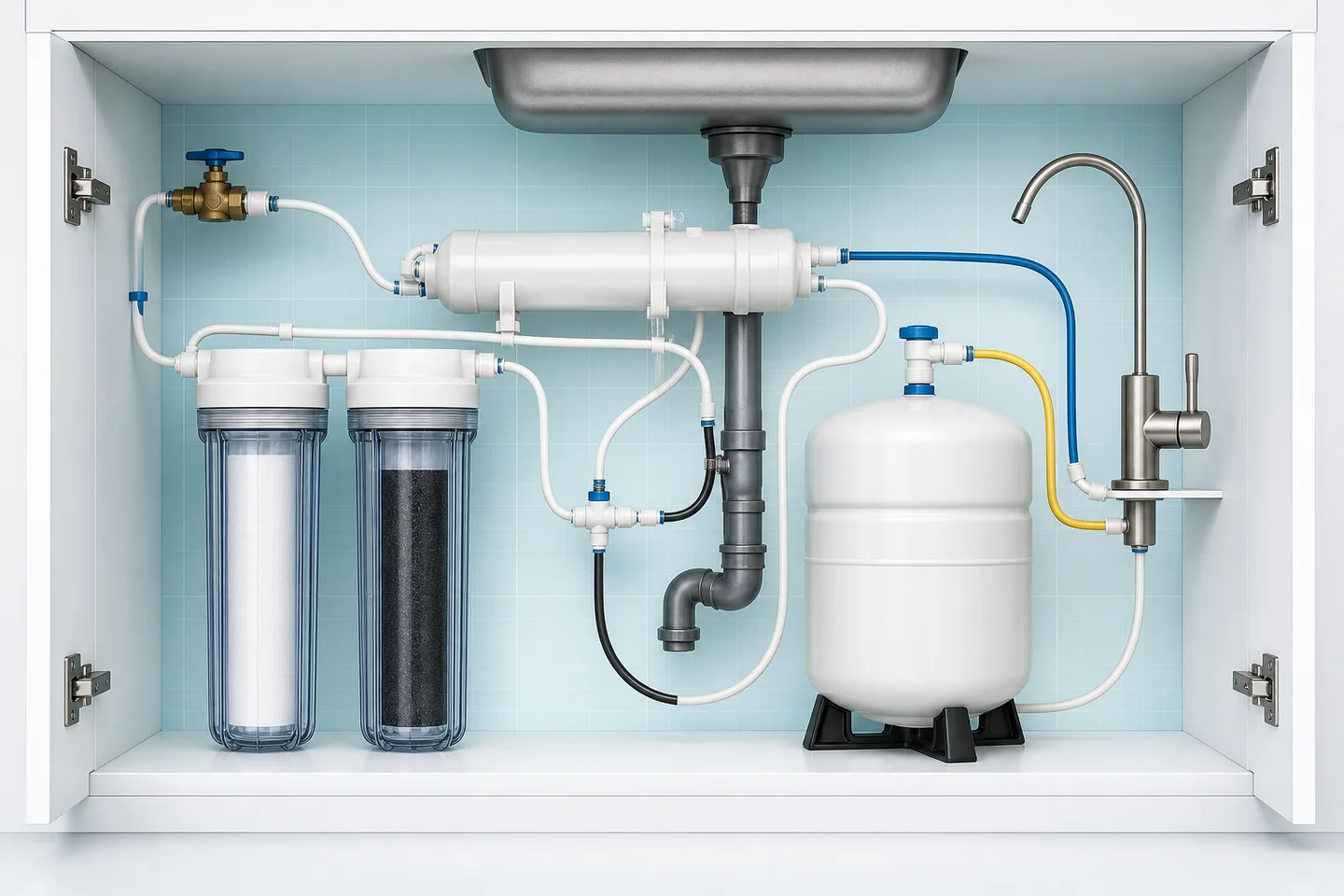 Cutaway illustration of an under-sink reverse-osmosis system with pretreatment, membrane, storage tank, faucet, and drain lines