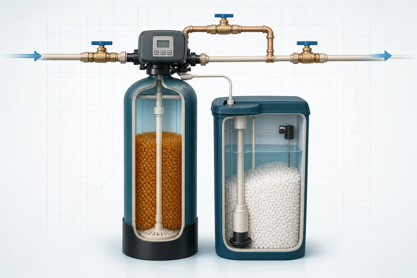 Cutaway illustration of an ion-exchange resin tank and brine tank in a conventional water softener