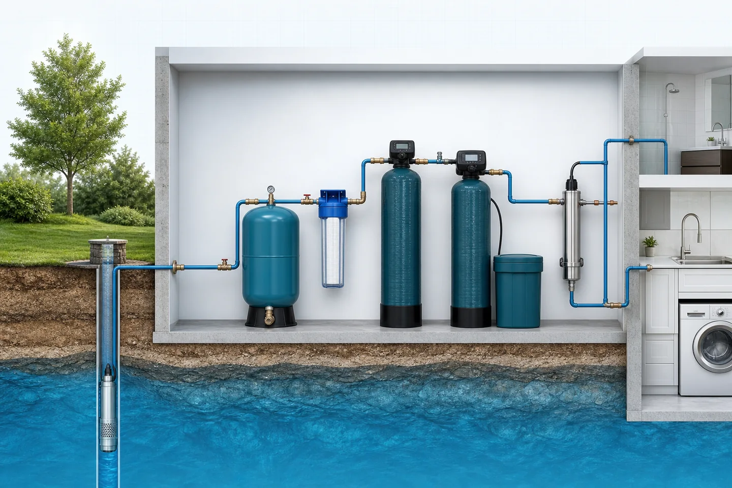 Illustration of a residential well-water treatment train with a pressure tank, sediment filter, media tanks, and ultraviolet chamber