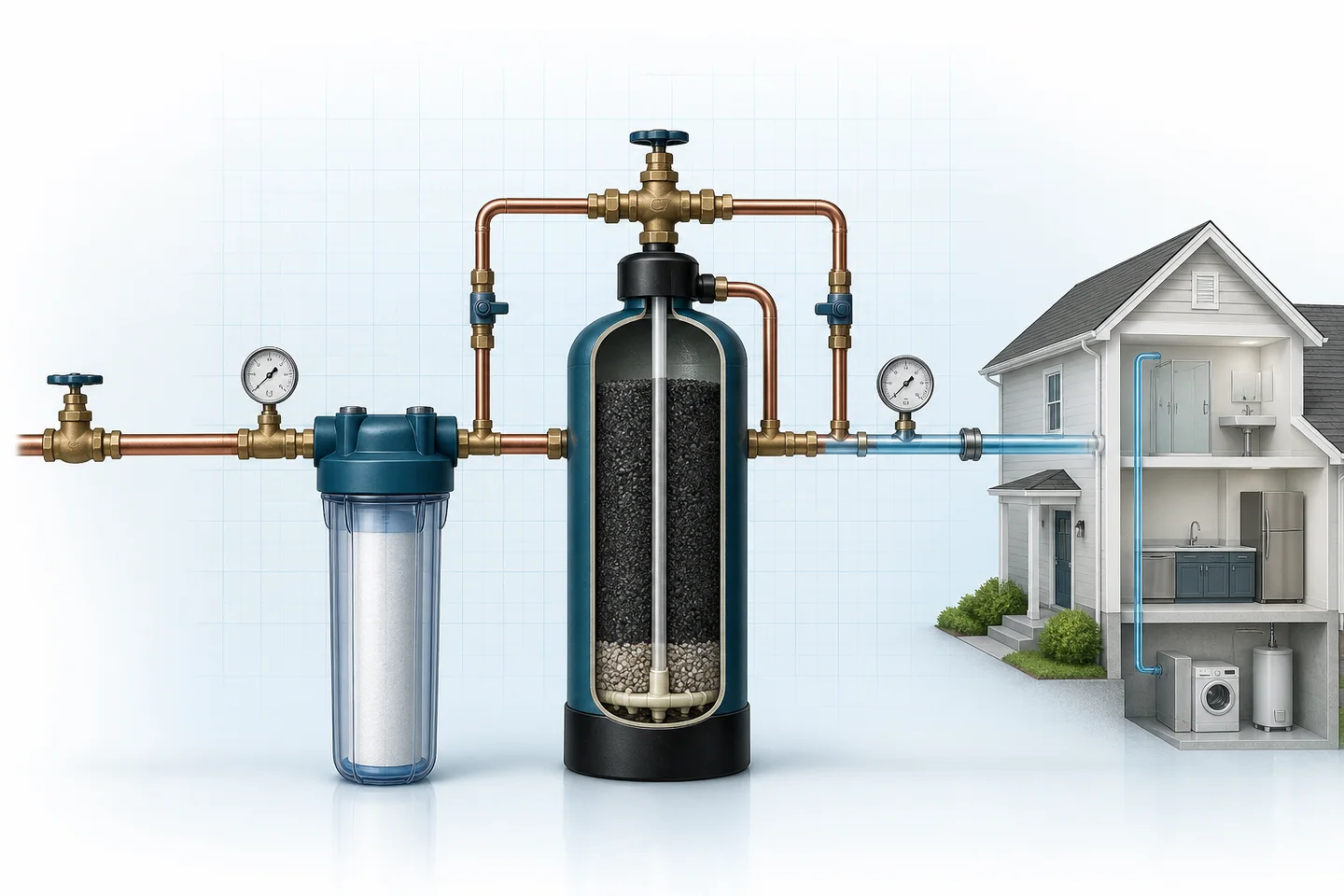 Cutaway illustration of a sediment prefilter and carbon media tank connected to a home’s incoming water line